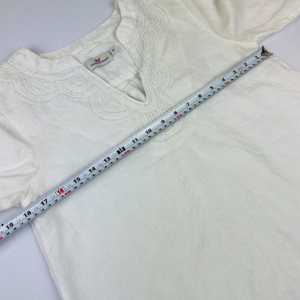 ~ Vineyard Vines XS Blouse Linen Cotton Beaded White Ivory Split Sleeve Hem Flaw - Picture 5 of 16